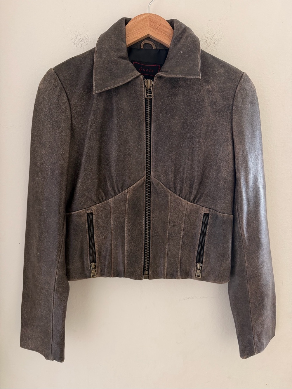 VTG Guess Suede Leather Corset Cropped Moto Bomber Brown Rose Lining Zip M Y2K